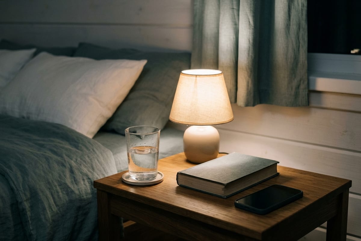 Прикроватная тумбочка: стакан воды, закрытая книга, телефон экраном вниз и приглушённый ночник